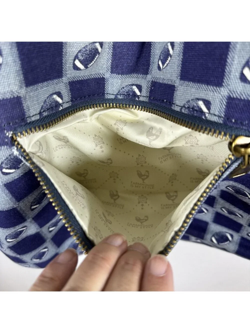 Farmhouse Is My Style Football Tote Rope Handles Blue Checkered Pattern Lined